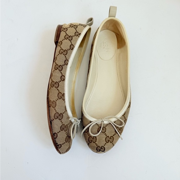 Gucci Brown white bow embellished Canvas GG supreme ballet flats EU 38 - Picture 1 of 7